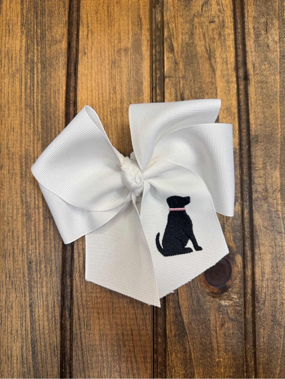 White Bow with Black Dog Embroidery